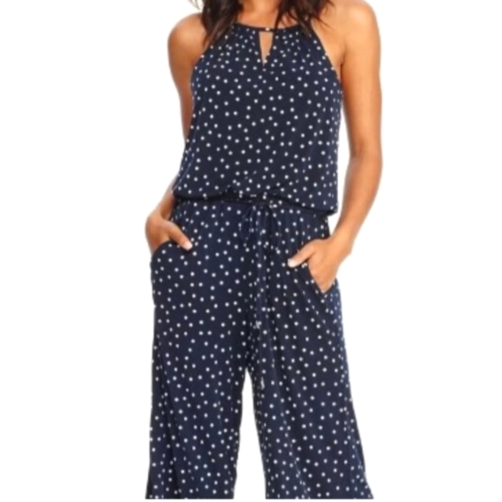 London Times Navy Polka Dot Cropped Jumpsuit 16